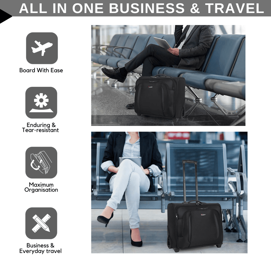 Find the perfect black business suitcase with laptop compartment, wheels, and more. Stay organized and travel in style to your next big meeting.